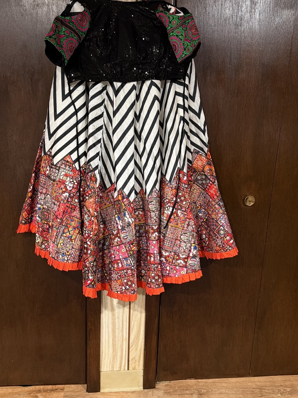 India Boutique Black Bodice A-Line Skirt with Pink, Orange and White Pattern